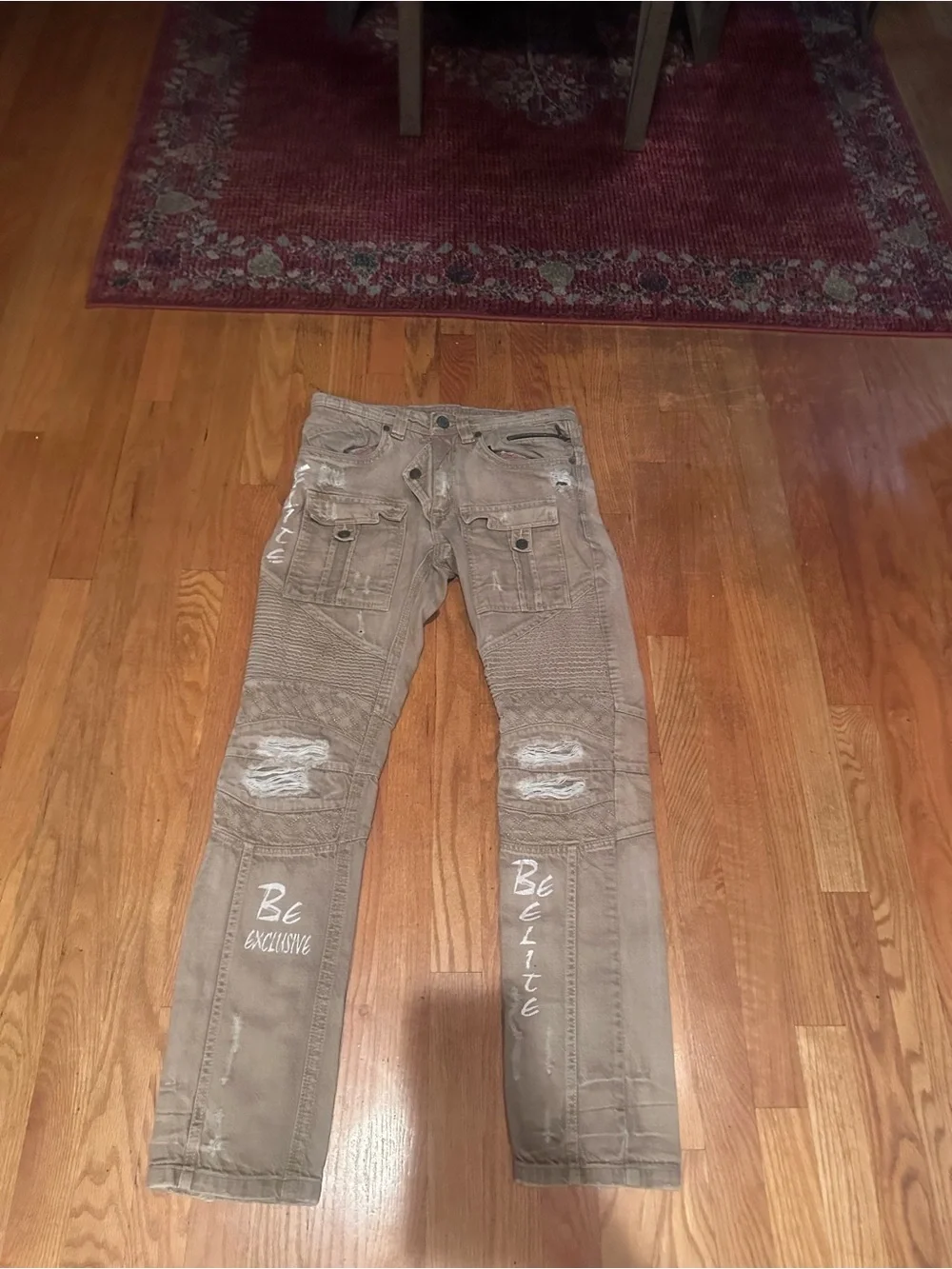 Y2K elite premium denim moto biker jeans beige distressed zip pocket streetwear